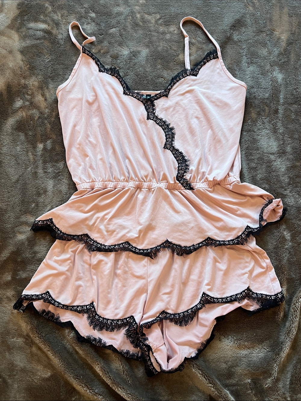 Adore Me Pink Lace-Trim Tiered Sleep Romper